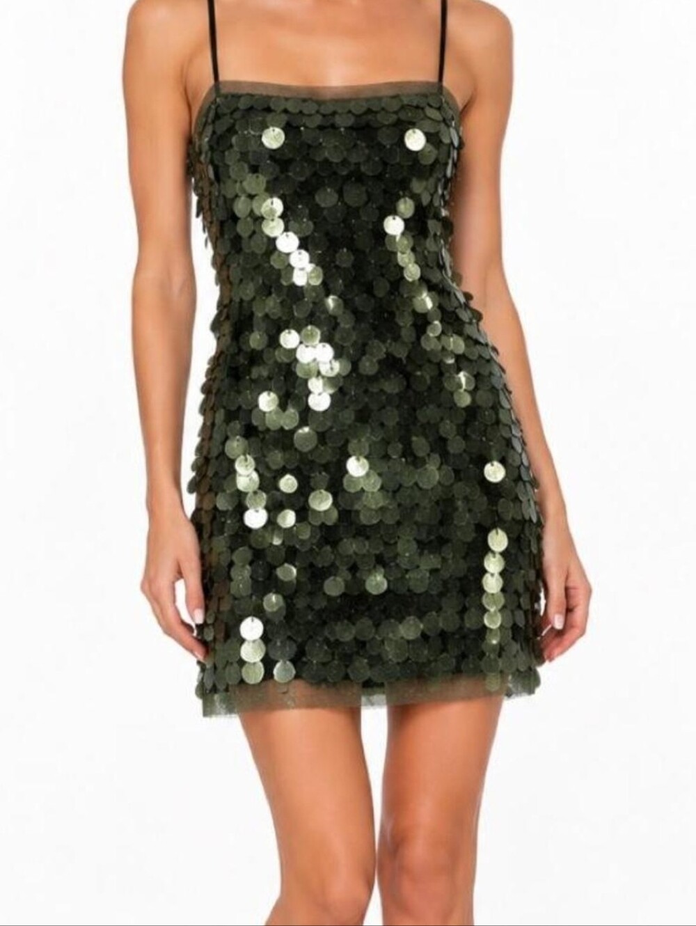 Olive Sequin Mini Dress with Spaghetti Straps Size 6,10,12